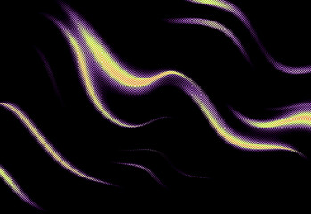 Abstract flowing neon waves on a deep black background forming a dynamic digital art composition with purple and yellow gradient, ideal for modern decorative design projects