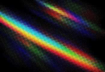 Fototapeta premium Vibrant diagonal rainbow led display texture featuring multicolor dots and neon light gradient across a dark background, an abstract digital art scene ideal for tech branding