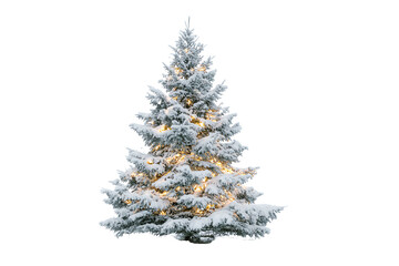 Fototapeta premium Beautiful snow-covered Christmas tree with lights on a white isolated background.