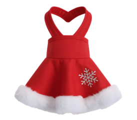 Cute red christmas dress for a small dog or cat with white faux fur trim and snowflake detail isolated on transparent background