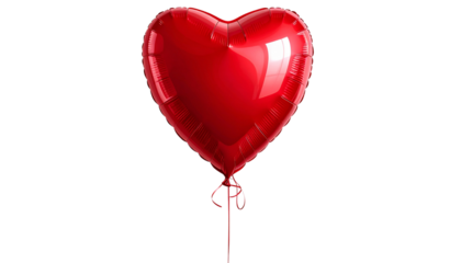 A shiny red heart-shaped balloon floating slightly above center with realistic string shadow — symbol of love and celebration on transparent background.