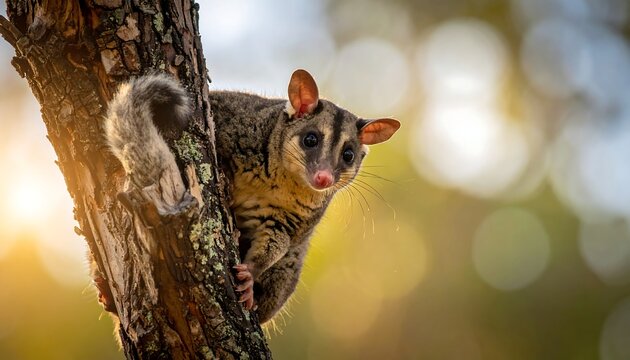 Fluffy possum on a tree branch, illuminated by golden sunlight, staring directly into the camera