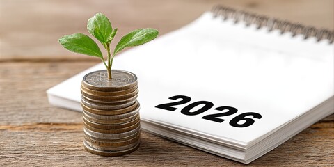 Growth of finance with coins stack and small plant in front of blank 2026 calendar page