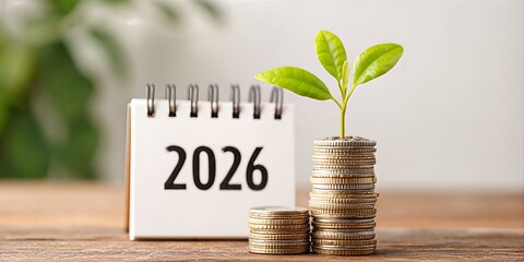 Calendar Page with Year 2026 Next to Stacked Coins and Green Sprout Symbolizing Growth
