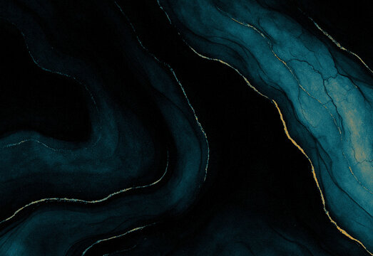 Abstract dark blue and teal marble texture with flowing gold veins, creating a luxurious organic background ideal for contemporary design, presentation slides, editorial layouts.