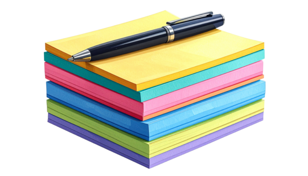 Stack of colorful papers with a sharpened pencil on top, office workspace concept PNG.
