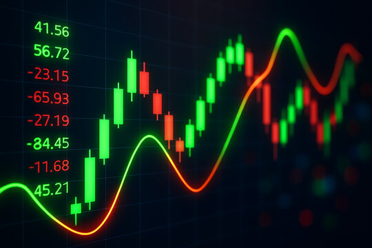 Market candlestick chart with green and red bars including numerical price values representing digital trading analysis and investment risk
