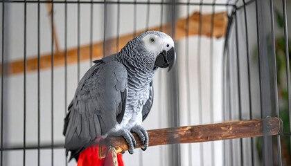 Fototapeta premium Grey parrot perched on wood in a cage, red tail visible. Bright, blurred background