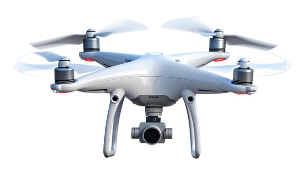 Futuristic drone hovering mid-air, propellers spinning motion blur, isolated PNG technology and aerial innovation concept.