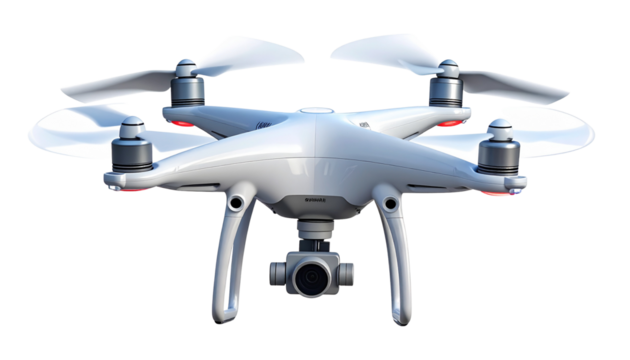 Futuristic drone hovering mid-air, propellers spinning motion blur, isolated PNG technology and aerial innovation concept.