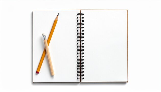 Open notebook with clean blank pages and pencil beside it — flat lay view, creative workspace mockup PNG - Powered by Adobe