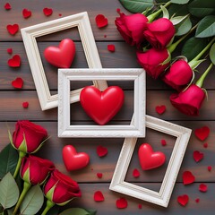 Red roses and heart decorations on wooden surface