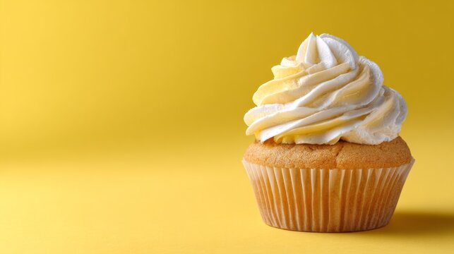 Delicious frosted cupcake on vibrant yellow background with copy space for dessert advertising, bakery branding, food promotions, and sweet treat marketing designs