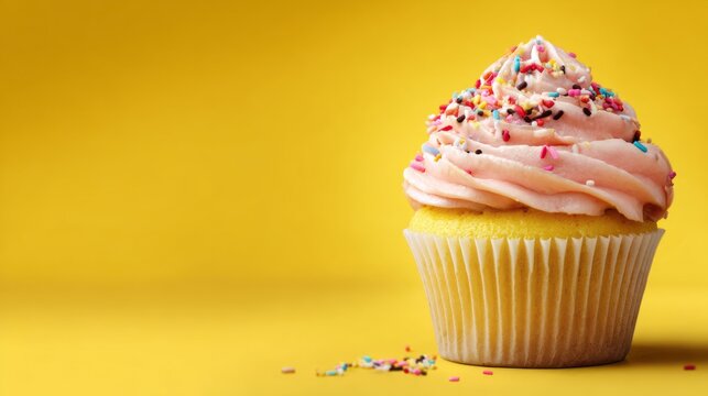 Delicious frosted cupcake on vibrant yellow background with copy space for dessert advertising, bakery branding, food promotions, and sweet treat marketing designs