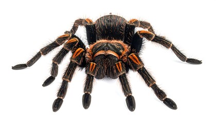 Front view of a hairy orange-striped tarantula isolated on a clean white background