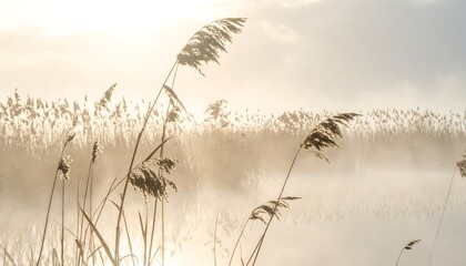 Golden reeds sway gently in the soft, hazy light, bordering a body of water shrouded in mist
