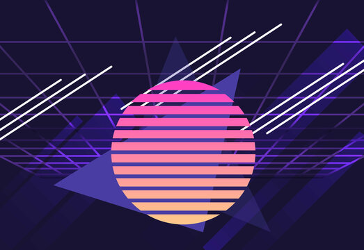 Abstract neon circle with horizontal stripes and layered geometric shapes against a dark grid background, creating a futuristic retro digital art composition for creative projects