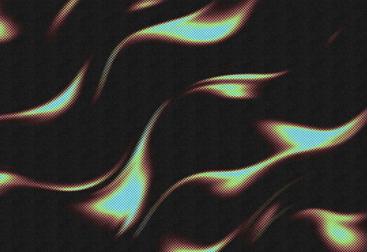 Abstract neon ribbon shapes flowing across a textured dark background with iridescent curves in electric blues greens and pinks, ideal for modern design, tech visuals, and branding