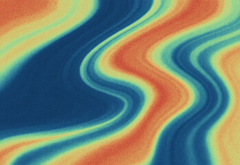 Vibrant abstract texture featuring fluid color waves in cobalt blue, emerald green and coral orange, accented by sandy grain for dynamic motion and atmospheric background art