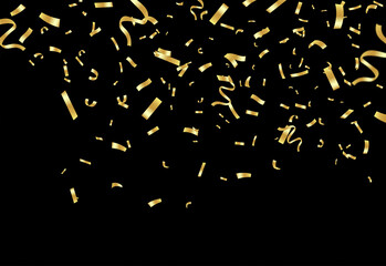 Close up of gold confetti ribbons scattered across a black background, creating a festive celebration mood ideal for events, parties, anniversaries, awards, and branding visuals