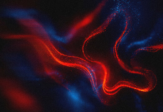 Abstract cosmic light trails in red and blue swirling ribbons across a dark starry background, evoking energy, motion, and futuristic digital art suitable for design projects