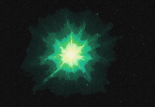 Emerald nebula burst in deep space with radiant center and wispy green gas clouds expanding across a starry black background, perfect for science, astronomy, and technology design - Powered by Adobe
