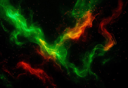 Vivid interstellar gas cloud with green and red tendrils twisting through the dark cosmos, creating an abstract cosmic background for science, technology, and design projects - Powered by Adobe