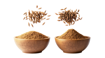 Two wooden bowls filled with fenugreek seeds and scattered seeds isolated on transparent background