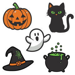 icon set hellowen cat, magic hat, pumpkin and frying pan flat style