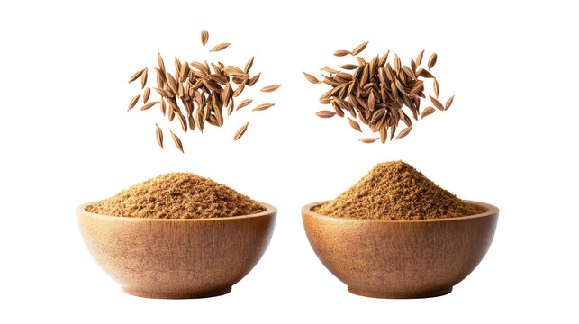 Two wooden bowls filled with fenugreek seeds and scattered seeds isolated on transparent background - Powered by Adobe