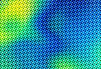 Close-up abstract display of a colorful pixel grid with a vivid gradient from yellow through green to deep blue, revealing intricate dot texture and a modern digital art background