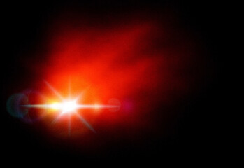 Fototapeta premium High-contrast lens flare and radiant burst against a deep black background, featuring vivid red nebula glow, subtle haze, and luminous streaks suggesting cosmic lighting effects
