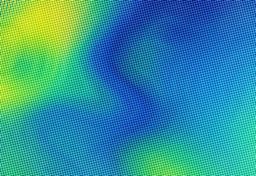 Close-up abstract display of a colorful pixel grid with a vivid gradient from yellow through green to deep blue, revealing intricate dot texture and a modern digital art background