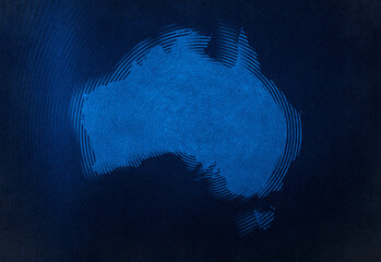 Abstract blue silhouette of Australia map on a dark textured background with subtle grain and gradient, a contemporary geographic art piece for decor, travel, and education visuals