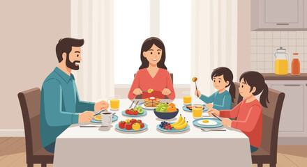 This flat design illustration captures a joyful nuclear family sharing a wholesome breakfast in a contemporary kitchen setting, highlighting morning togetherness and healthy eating habits.
