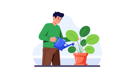 A minimalist flat design illustration depicts a man carefully watering a small potted plant with a watering can. This clean vector art emphasizes the simple act of plant care and urban gardening.
