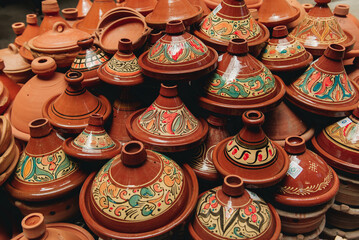 Full frame close-up of assorted painted clay taglines for sale in a market, Marrakesh, Morocco