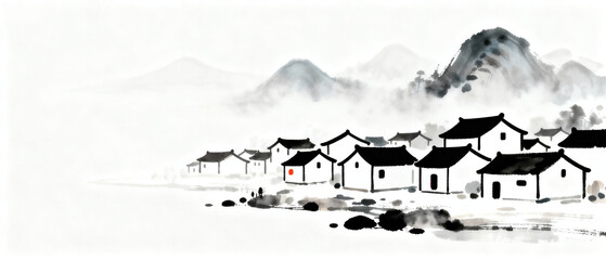 A traditional Chinese ink painting depicting a village with black roofed houses set against misty mountains in the background.