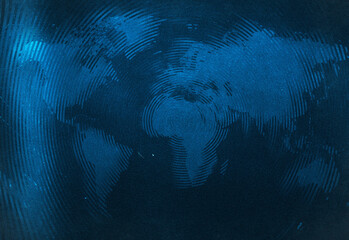 Abstract blue world map texture on a dark background illustrating connectivity with stylized continents, gradients and circular patterns for tech and business imagery