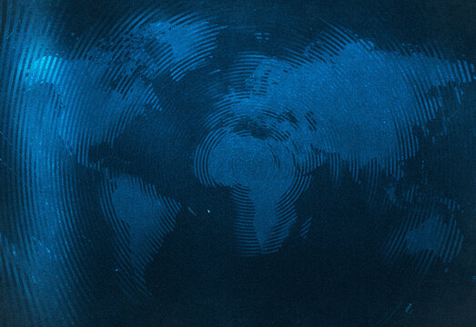 Abstract blue world map texture on a dark background illustrating connectivity with stylized continents, gradients and circular patterns for tech and business imagery
