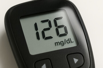 Digital glucose meter displaying 126 mg/dL on screen, representing blood sugar monitoring technology used for managing diabetes and promoting healthy living.
