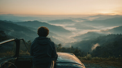 A cinematic rear view of an individual watching a majestic misty mountain sunrise, capturing the serene beauty and vastness of nature from their vehicle's vantage
