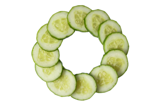 circular arrangement of fresh cucumber slices . Isolated on transparent background, png