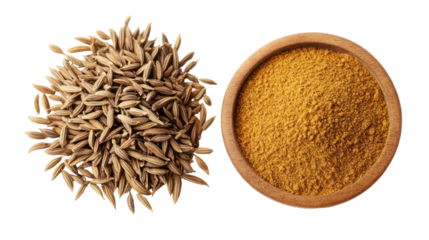 Whole cumin seeds and ground cumin in a wooden bowl isolated on transparent background