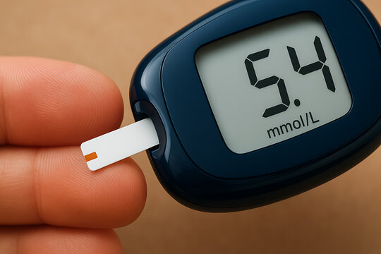Close-up view of a digital glucose meter showing a reading of 5.4 mmol/L, with a test strip inserted and a hand holding it carefully, symbolizing health monitoring and diabetes awareness.
