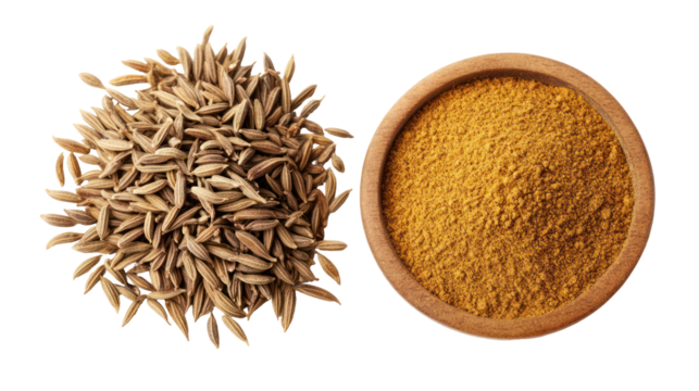 Whole cumin seeds and ground cumin in a wooden bowl isolated on transparent background