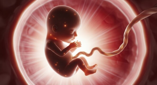 Developing human embryo inside amniotic sac with umbilical cord detailed view illustration