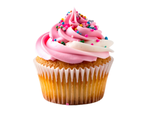 A delightful cupcake with pink and white frosting, topped with sprinkles