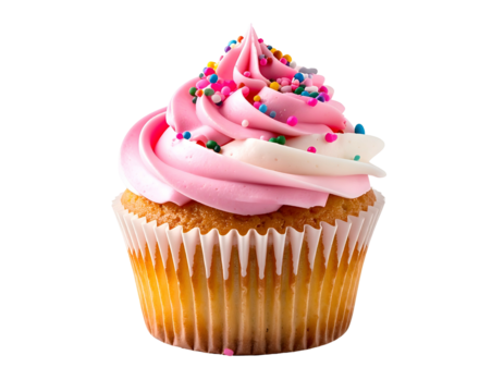 A delightful cupcake with pink and white frosting, topped with sprinkles
