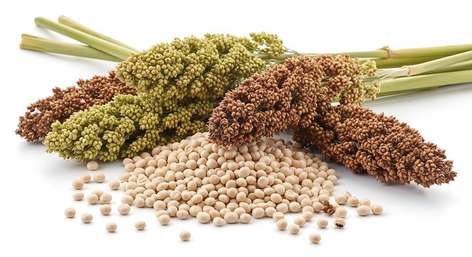 Fresh sorghum stalks and grains on white background